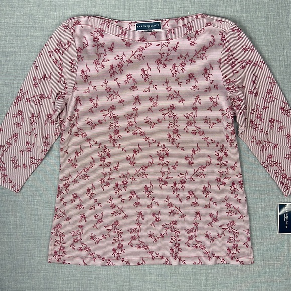 Merlot Floral Striped 3/4 Sleeve Boatneck Top Size Petite Large - Picture 2 of 5